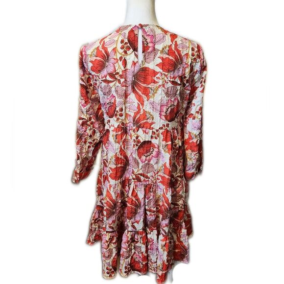 Zara Long Sleeved Floral Tiered Swing Mini Dress, Red Pink Mustard, XS - Picture 5 of 10
